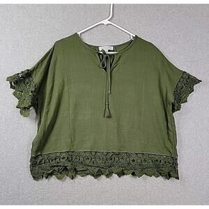 Hayden Los Angeles Linen Blend Green SS Crochet Trim Tie Neck Blouse Women's Lrg